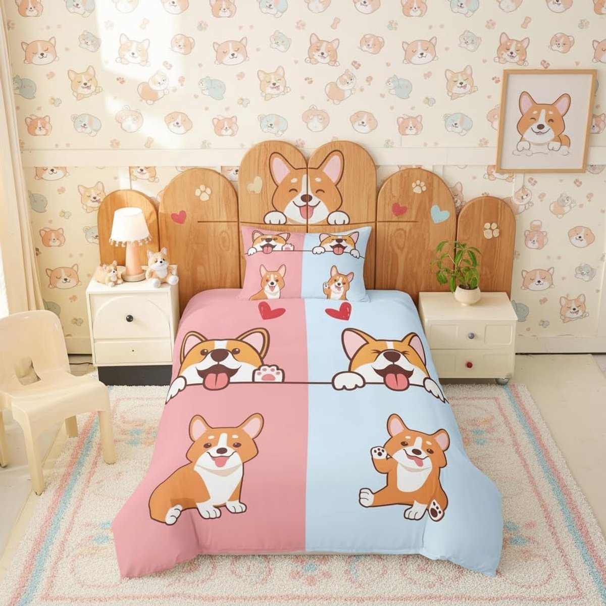 cartoon hond beddengoedset glimlachende hondje Corgi Faily Pet beddengoedset 135 x 200 cm roze blauwe onderkant beddenset voor kinderen jongens meisjes tieners 2 stuks ritssluiting microvezel