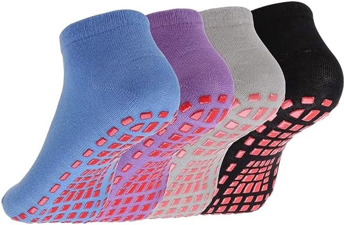 Sokken met handgrepen voor dames en heren, 4 paar antislip pilatesokken voor barre, dans, ballet, training met ondersteuning van de voetboog, Kleurrijk, 37-42 EU