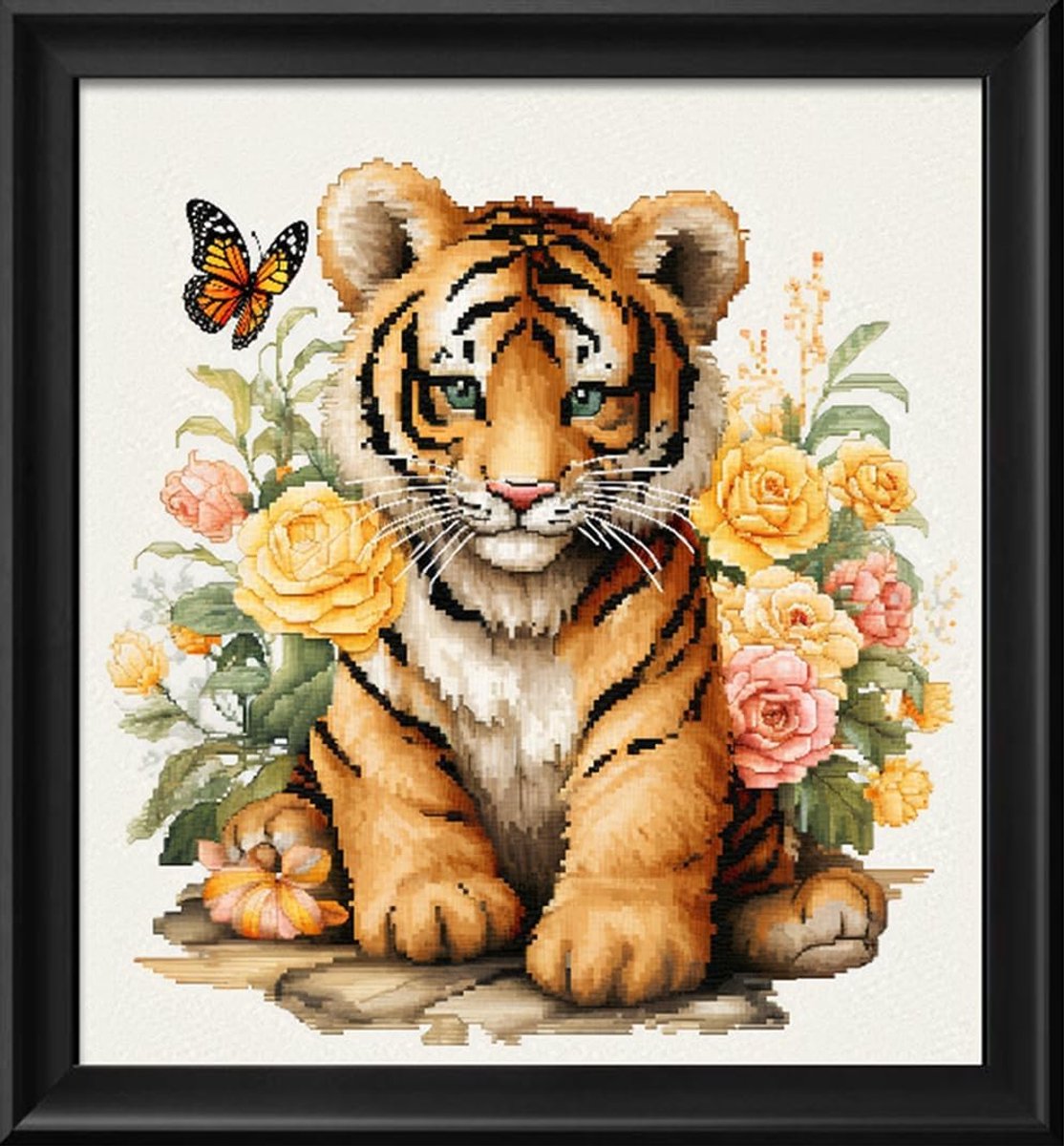 Kruissteekset om zelf te maken: compleet assortiment voorgedrukte startersets voor beginners – kleine tijger en vlinder 36 x 40 cm