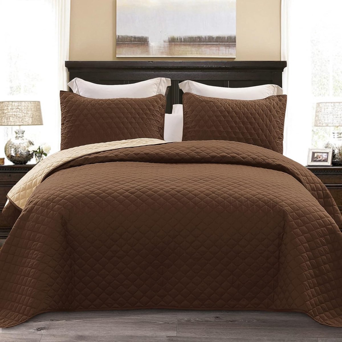 Mezcla Bedsprei - Oversprei 260x280 cm met 2 Kussenslopen 50x90 cm, Omkeerbaar, Licht en Zacht, voor Alle Seizoenen, Bruin | Lichtgewicht spreien met kussenslopen, zachte microvezel, chocoladebruine beddekens voor alle seizoenen, 112"x104"