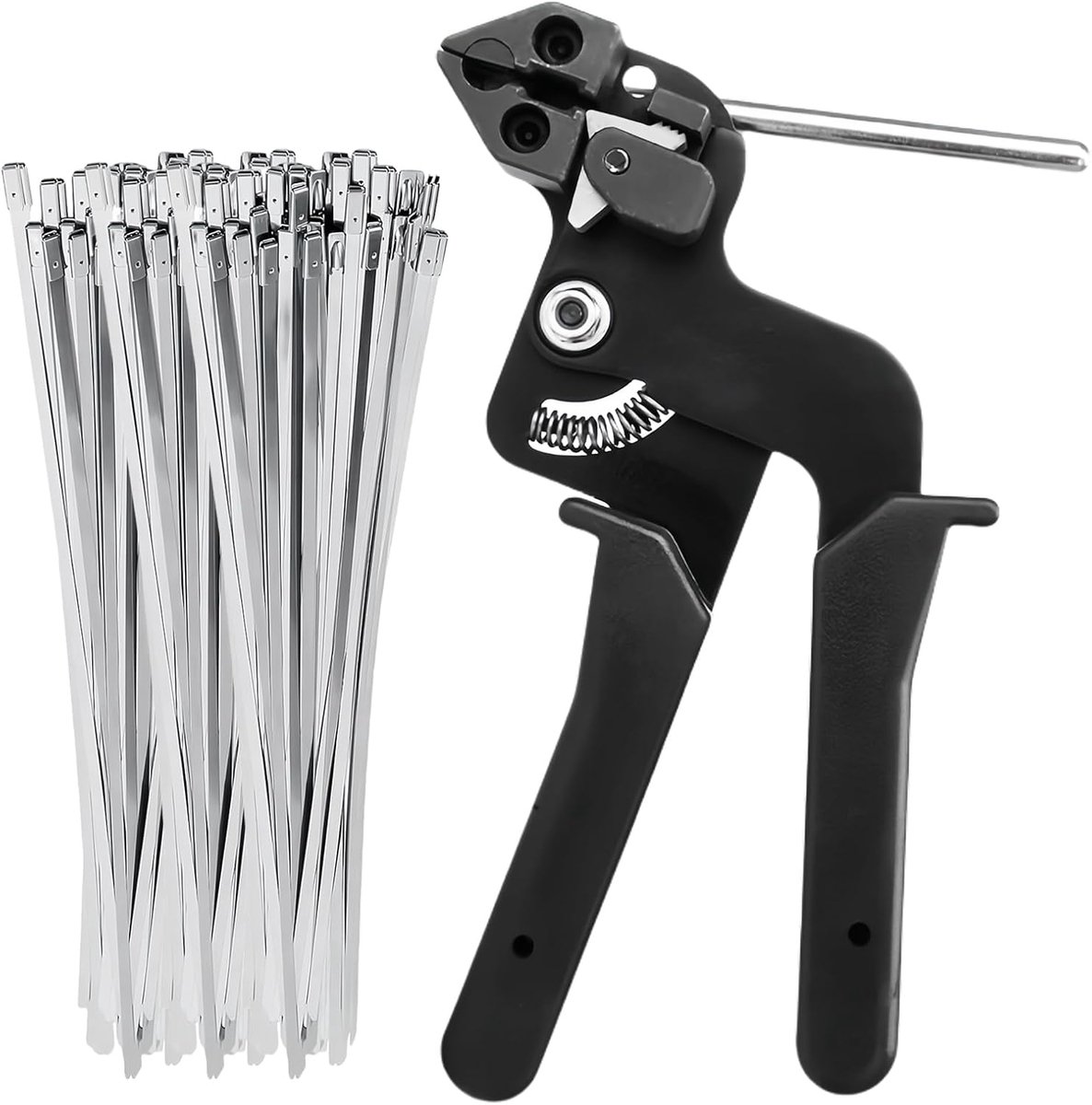 Kabelbindergereedschap, 100 stuks roestvrijstalen kabelbinders met kabelbinderpistool, kabelbindertang om te vergrendelen snijden, kabelbinders tang om vast te trekken, 200 mm x 4,6 mm kabelbinders