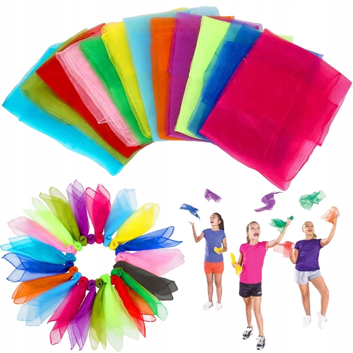 Chiffon Sjaals - Dunne Sjaal - Kleine Vierkante Sjaal - 36 Stuks - 60x60 cm - Wasbaar - Kleurrijk - Lichtgewicht & Ademend - Voor Dans & Kleuterschool & Magie & Zintuiglijke Spelletjes