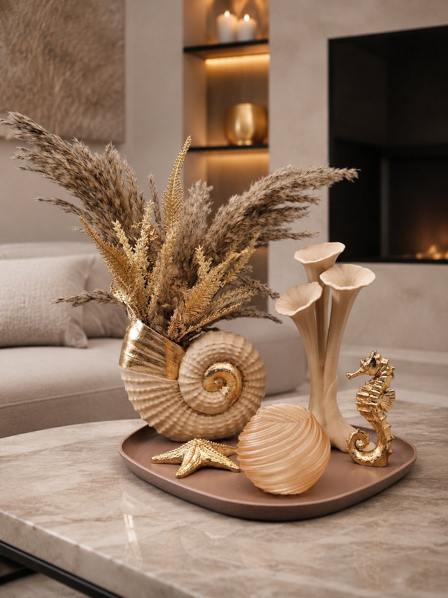 Luxe Woondecoratie Set met Dienblad Beige en Goud - Ocean Luxe - 3D geprint Handgemaakt