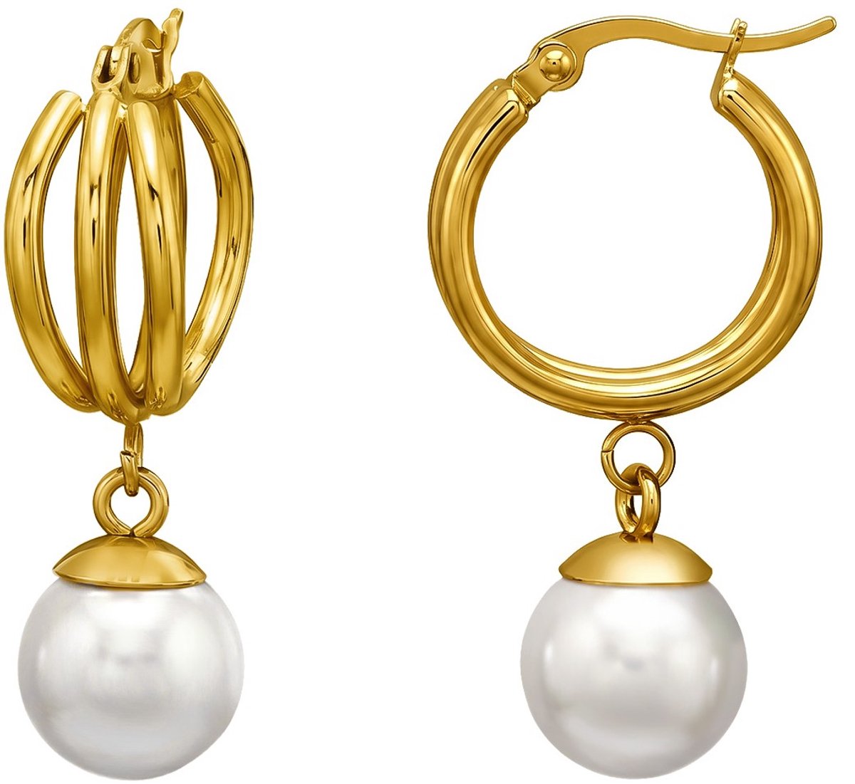Joy Ibiza - triple layer oorbellen - 3 bogen oorringen- parel bedel wit - oorringen 20 mm met Franse sluiting - chirurgisch staal - grote parel - ear party boho - bohemian style - ip/pvd goldplated t81