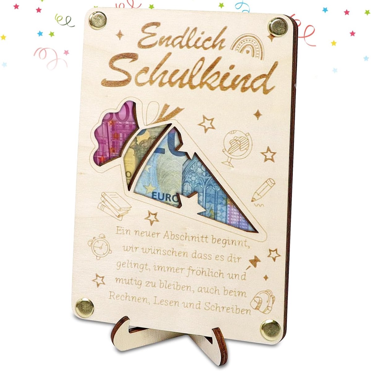 Geldcadeau voor de eerste schooldag, cadeaus voor jongens en meisjes, geldgeschenkverpakking, eerste schooldag van hout, wensvuller geldcadeau, kaart eerste schooldag, tafeldecoratie voor