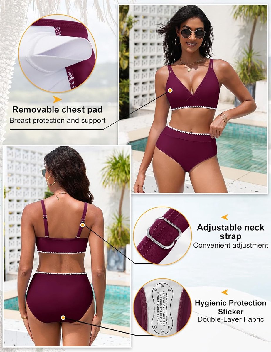 Badpak voor dames, 2-delig, hoge taille, bikini, push-up, gevoerd, figuurvormend, platte buik, sexy, zomer, strand, klassiek, slank, tweedelige zwemkledingset