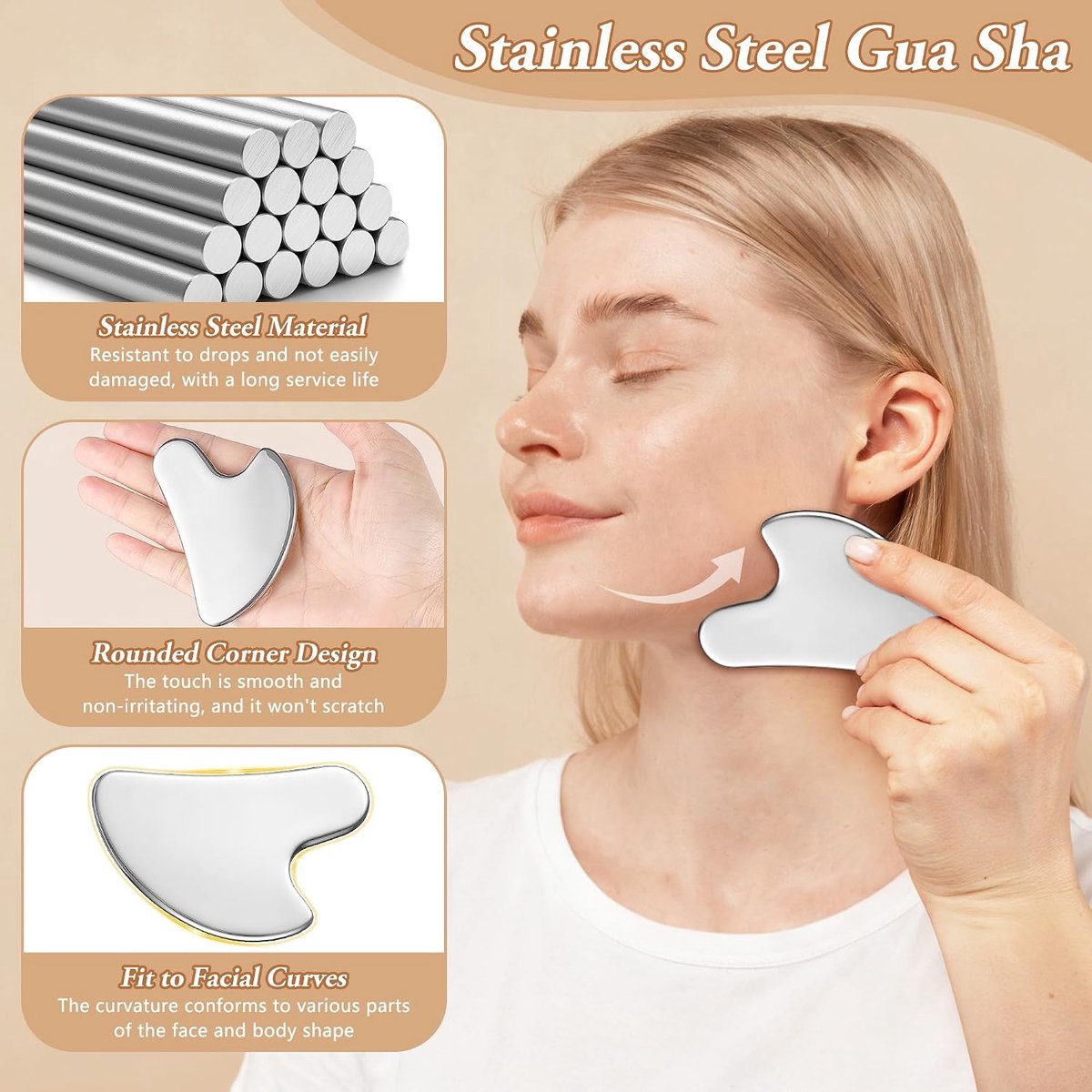 stalen Gua Sha steen, 2 stuks Guasha gezichtsgereedschap, Guasha scraping massage tool met opbergtas en reinigingsdoek, kaaklijnvormer voor gezicht, ogen, nek, lichaam