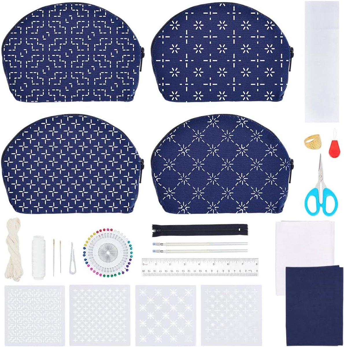 Set van 4 Sashiko tassenset, geborduurde set voor het maken van Sashiko-tassen met PET-sjabloon voor beginners, vriendelijke woondecoratie, cadeau-ideeën
