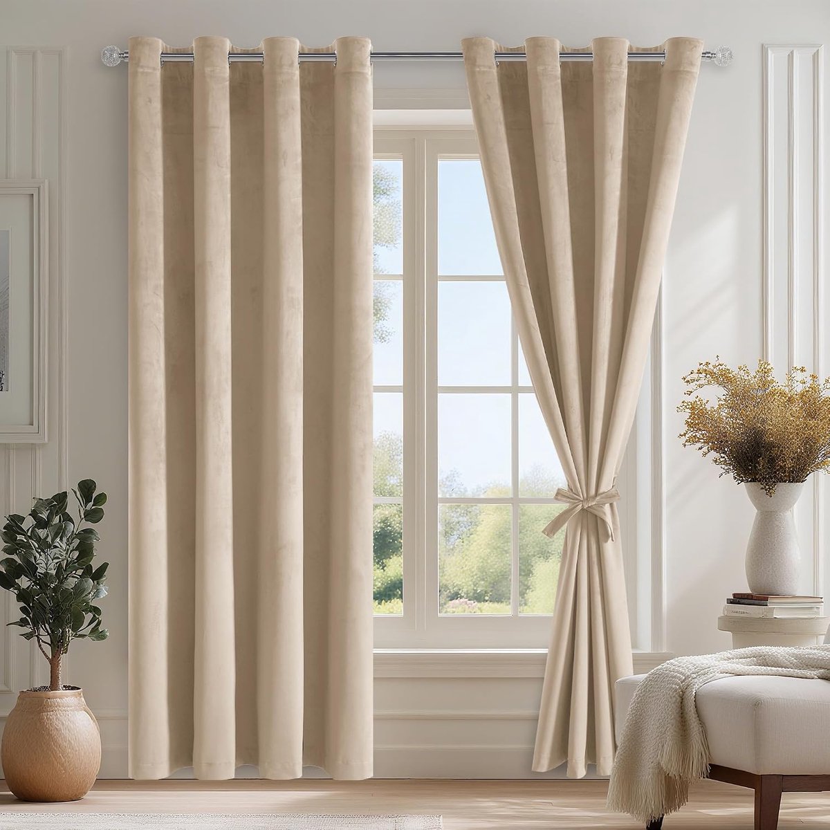 Lichtbeige thermogordijn, fluweel, inslagringen, set van 2, 225 x 132 cm (h x b), met gordijnstropdassen, zacht, koudebescherming, ondoorzichtig, fluwelen gordijn voor gordijnen, woonkamer