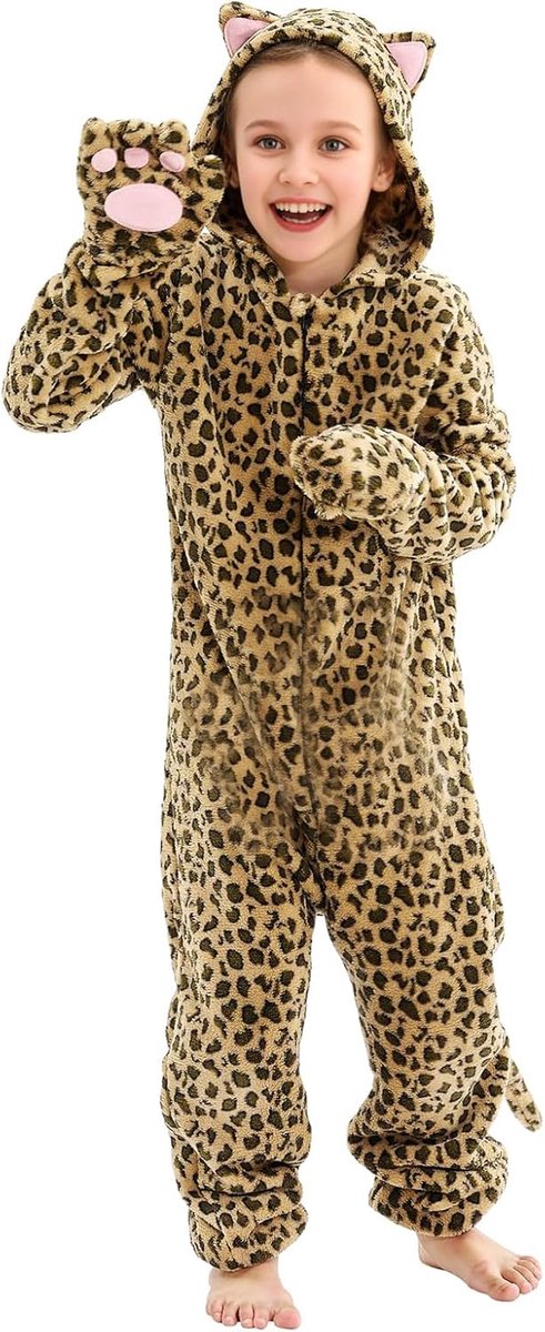 Kinderkostuum met luipaardprint, kattenkostuum voor meisjes, jongens, dierenpyjama, slaappakje, outfit, kattenoren, jumpsuit, pyjama, Halloween, wereldboekdag, Kerstmis, dier, verkleedkostuum