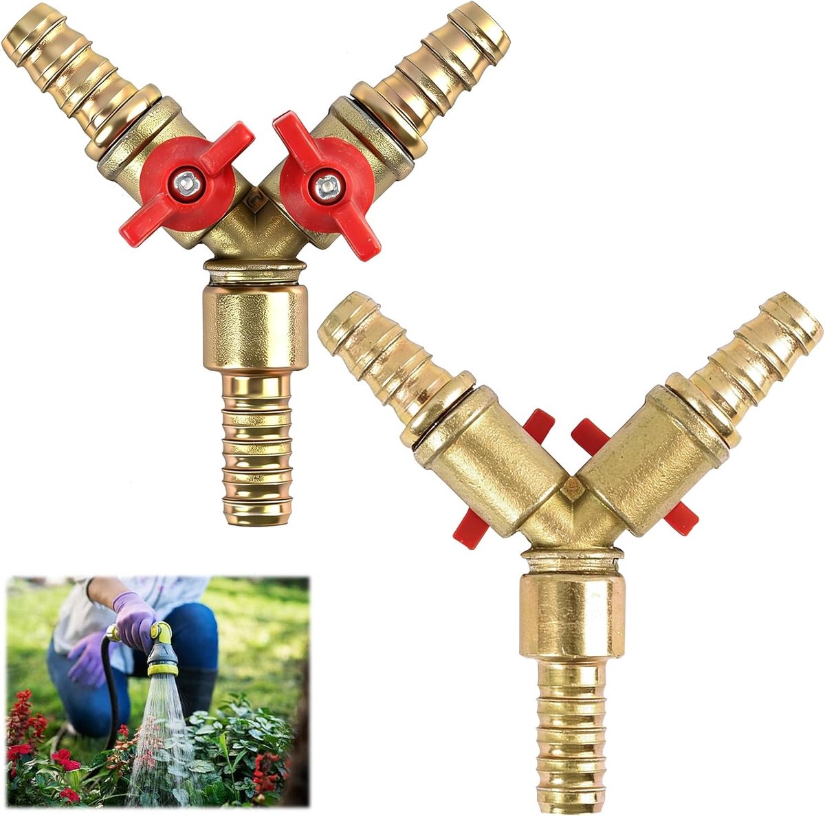 2 stuks 3-weg slangverbinders, 2 stuks 3-weg slangverbinders 10 mm met kogelkraan, T-slangaansluiting van messing en zinklegering, splitter voor lucht, water en gas, tuin en huishouden