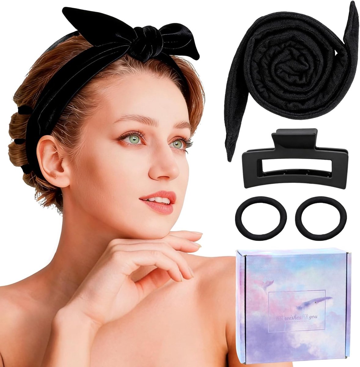 Krulband zonder hitte, hitteloze krullen met 1 haarclip en 2 haarelastiekjes, overdag, zacht en comfortabel, ideaal voor dagelijks gebruik, reizen en cadeau-idee (zwart)