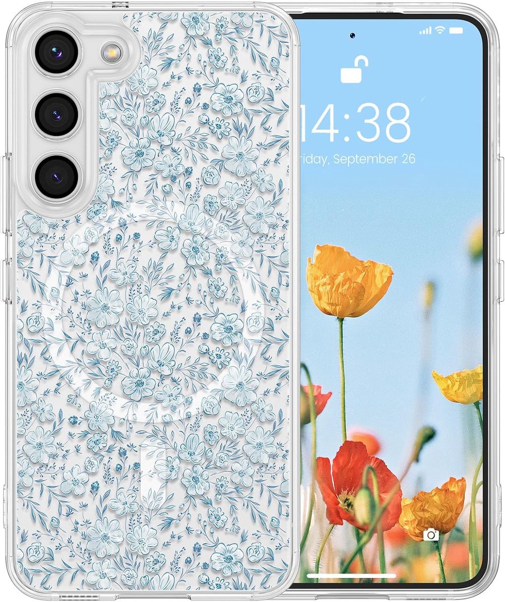 Magnetische Hoes voor Samsung Galaxy S23 Plus, Compatibel met Magsafe Schattige Bloemen Vrouwen Doorzichtige Case Siliconen Schokbestendige Beschermhoes met Bloemen voor Samsung S23 Plus