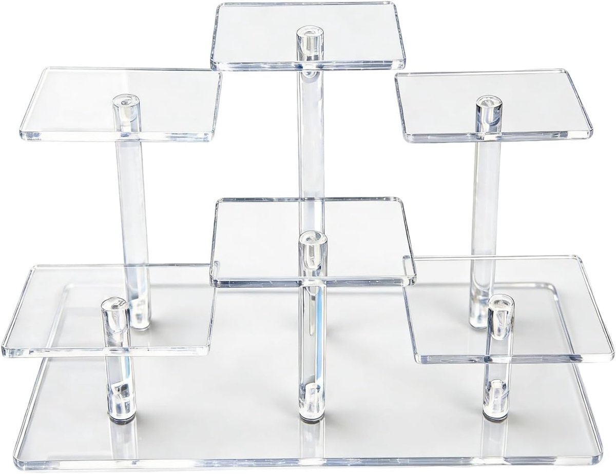 Presentatiestandaard van plexiglas, transparant, vitrine, organizer met 6 posities, getrapte plexiglas, vitrines voor parfum, sieraden, cake, desserts, figuren, sieradenstandaard