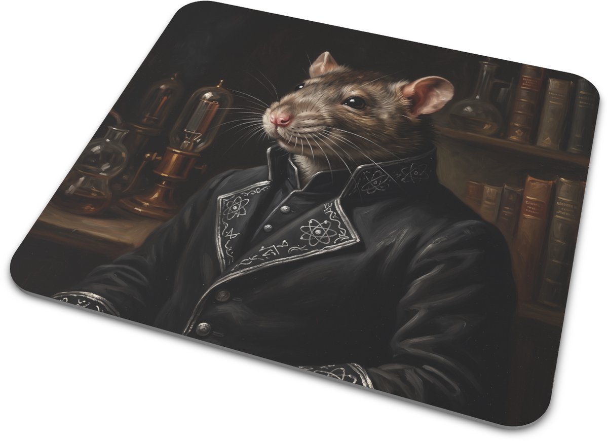 Muismat Tamme Rat Kwantumfysicus Klassiek Schilderij Olieverf Rat Portret Uniek Bureaudeal Cadeau Kantoor Thuiswerk Student 22x20 cm
