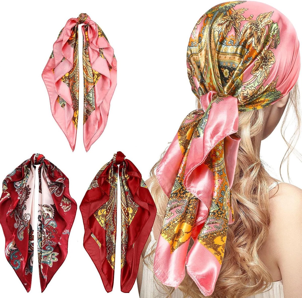 3 stuks haarsjaal voor dames, grote satijnen sjaal, vierkante sjaal voor dames, zijden sjaal voor dames, haarsjaal voor dames, sjaals en hoofddoeken voor dames, haaraccessoires voor elegante