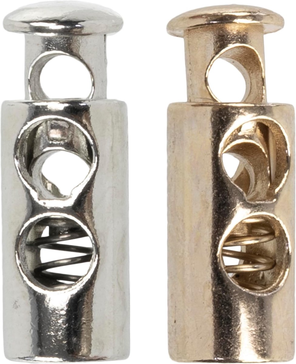 - Set van 10 cilinderstoppen met 2 gaten met veer - stop serresluiting - opening 4.5 mm - van metaal - kleur goud en zilver