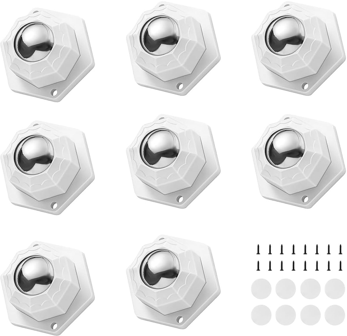Kogelwielen voor meubels, 8 stuks, zelfklevend, 360° draaibaar, goede inhoud, met plakfolie en schroeven, voor meubels, opbergdozen