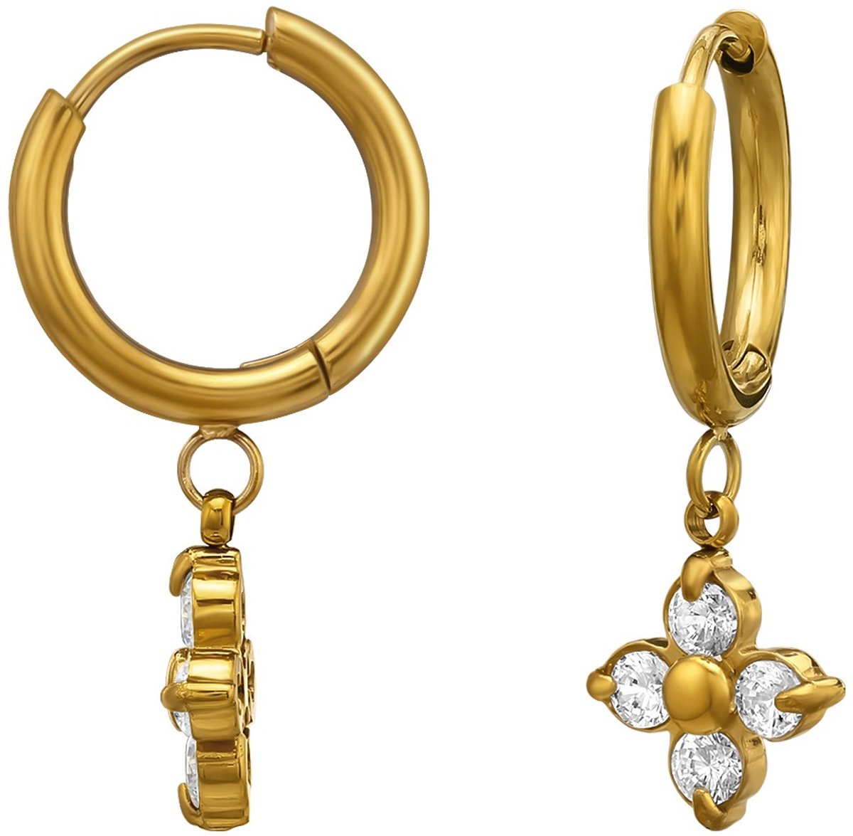 Joy Ibiza - bloemetjes oorbellen - bloem bedel oorringen - 13.5 mm met klap scharnier sluiting - chirurgisch staal - zirkonia - ear party boho - bohemian style - ip/pvd goldplated t28