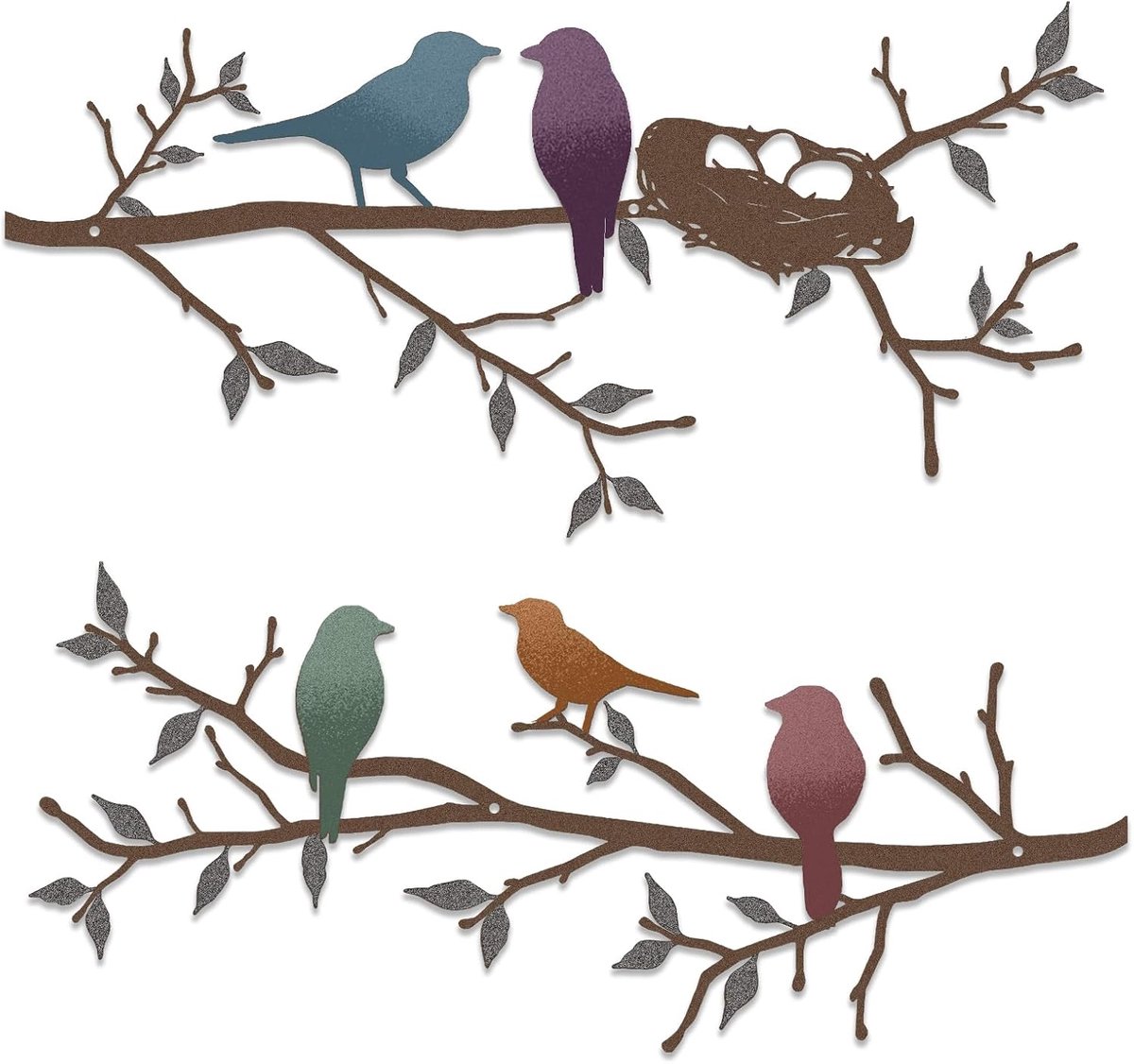 2st Metalen vogels Muurkunst - Silhouet van liefdesvogels op tak met Veelkleurig bladeren Muurhangsculptuur in buitenmetaal, ideaal voor het decoreren van woonkamer tuin slaapkamer