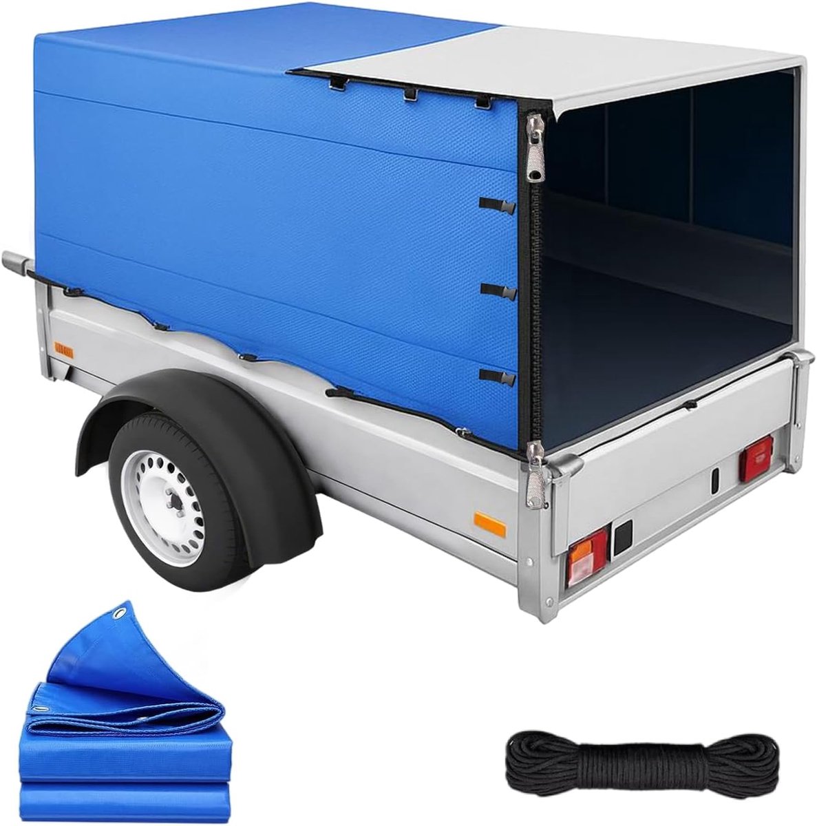 Aanhangerhoes, 600D Oxford, met touw, 210x114x110cm, waterdicht | 20 ogen; versterkte hoeken; voor 750kg.