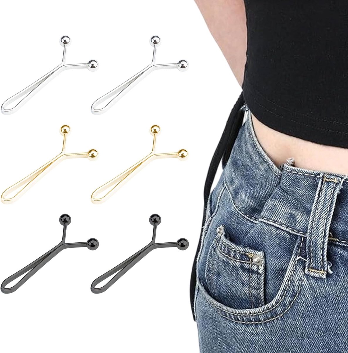 6 Stuks Bbroekjes Strakker Maken Clip, Broek Tailor Clips, Zonder Naaien Broeksknoop om Strakker te Maken voor Broeken en Rokken (Zilver, Goud, Zwart)