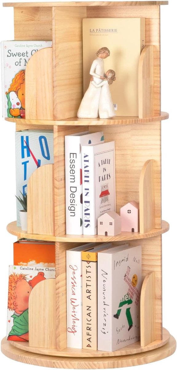 Draaibare kinderboekenkast van massief hout, 360 graden boekenkast met 3 niveaus, kinderkamer voor kinderen en volwassenen, multifunctionele kinderboekenkast hout voor kinderspeelkamer