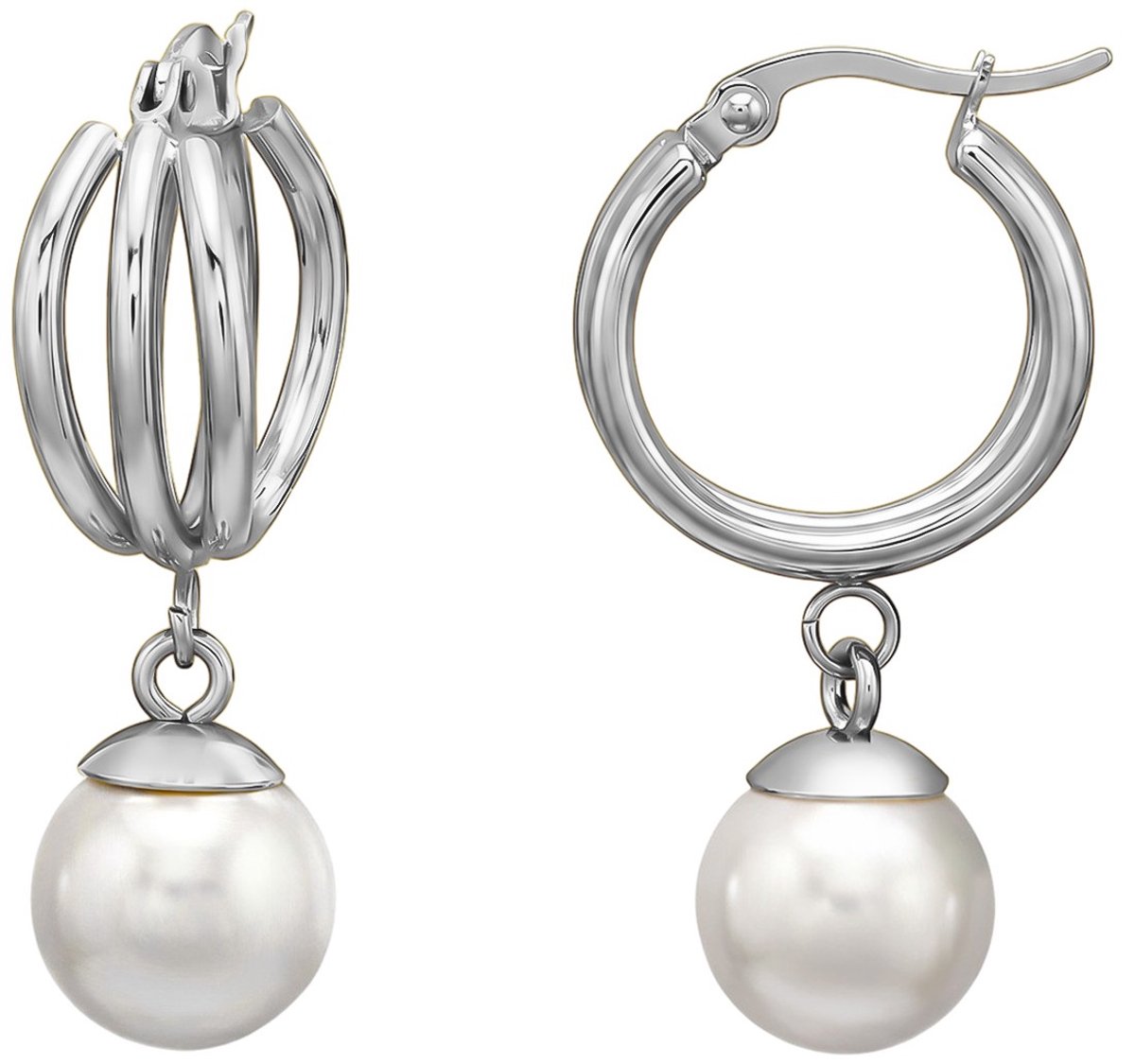 Joy Ibiza - triple layer oorbellen - 3 bogen oorringen- parel bedel wit - oorringen 20 mm met Franse sluiting - chirurgisch staal - grote parel - ear party boho - bohemian style - ip/pvd t98