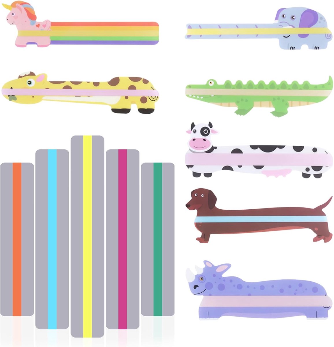 12 stuks Dyslexie-overlays liniaal, 7 leeshulp voor dieren met 5 markeerstrips, leeslinialen voor kinderen, leerhulpmiddelen, dyslexie, ADHD, Irlenssyndroom