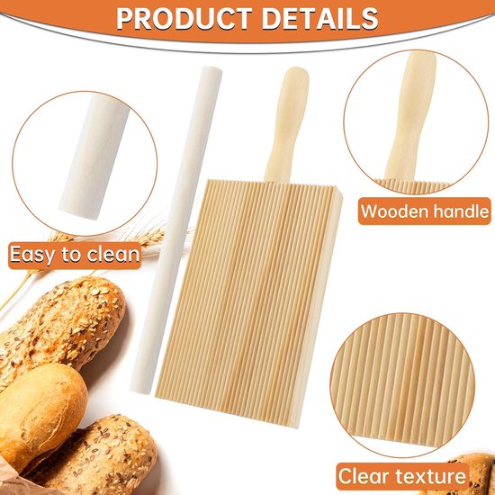 Bord, houten pastaplank met houten stokjes, pasta bord voor het maken van gnocchi in noedelvorm, met pasta snijwielen en deegschaaf — afbeelding 2