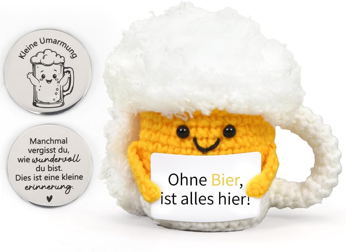 Bier geschenken voor mannen, gebreide pop, bier, anti-stress geschenken, positief knuffeldier, gehaakt emotionele ondersteuning, zakknuffel, stressverlichting geschenken
