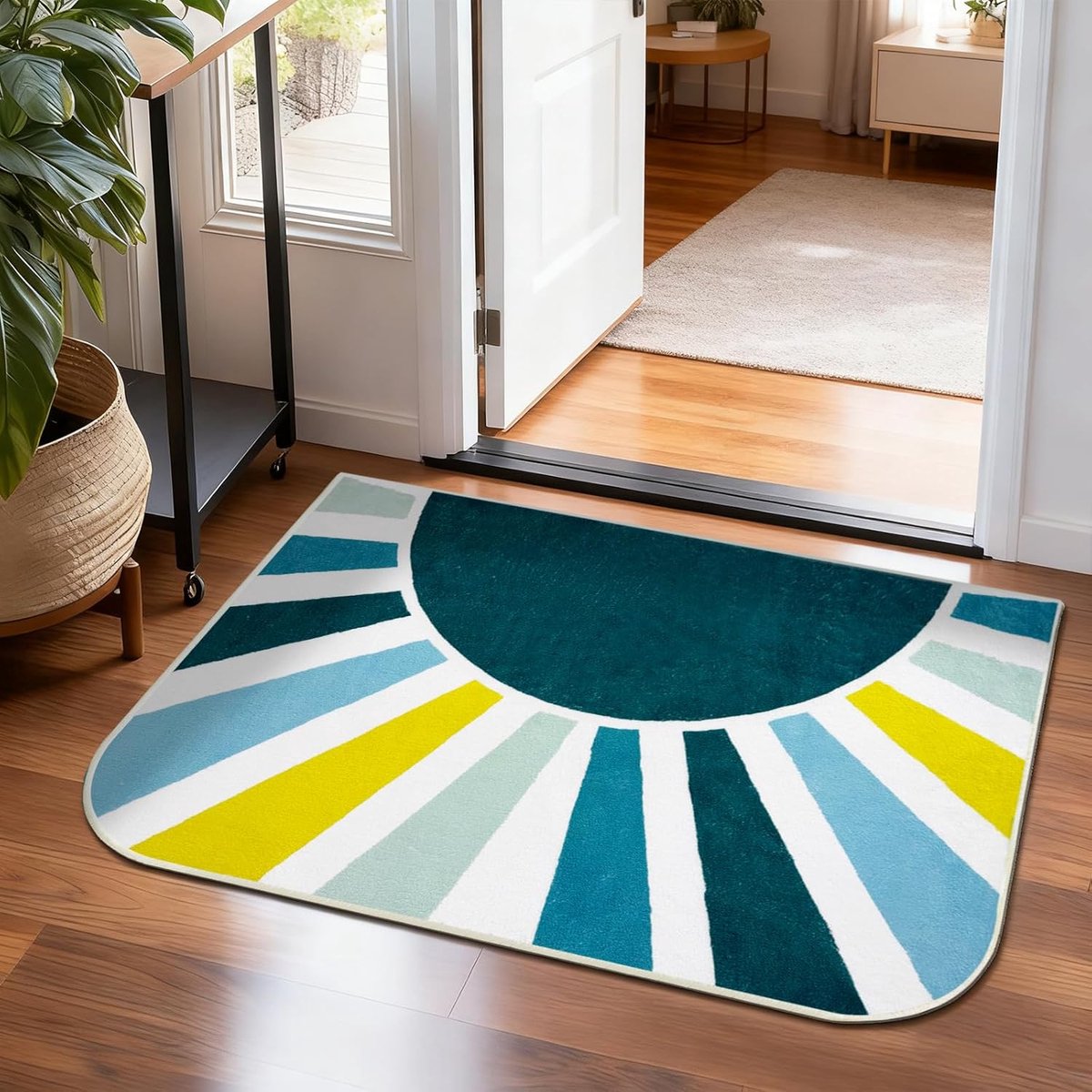 Badmat voor de badkamer, 51 x 76 cm, kleine antislip badmat, machinewasbaar badkamertapijt, moderne regenboog-zon-tapijtonderlegger met lage pool, voor woonkamertapijten, blauwgroen