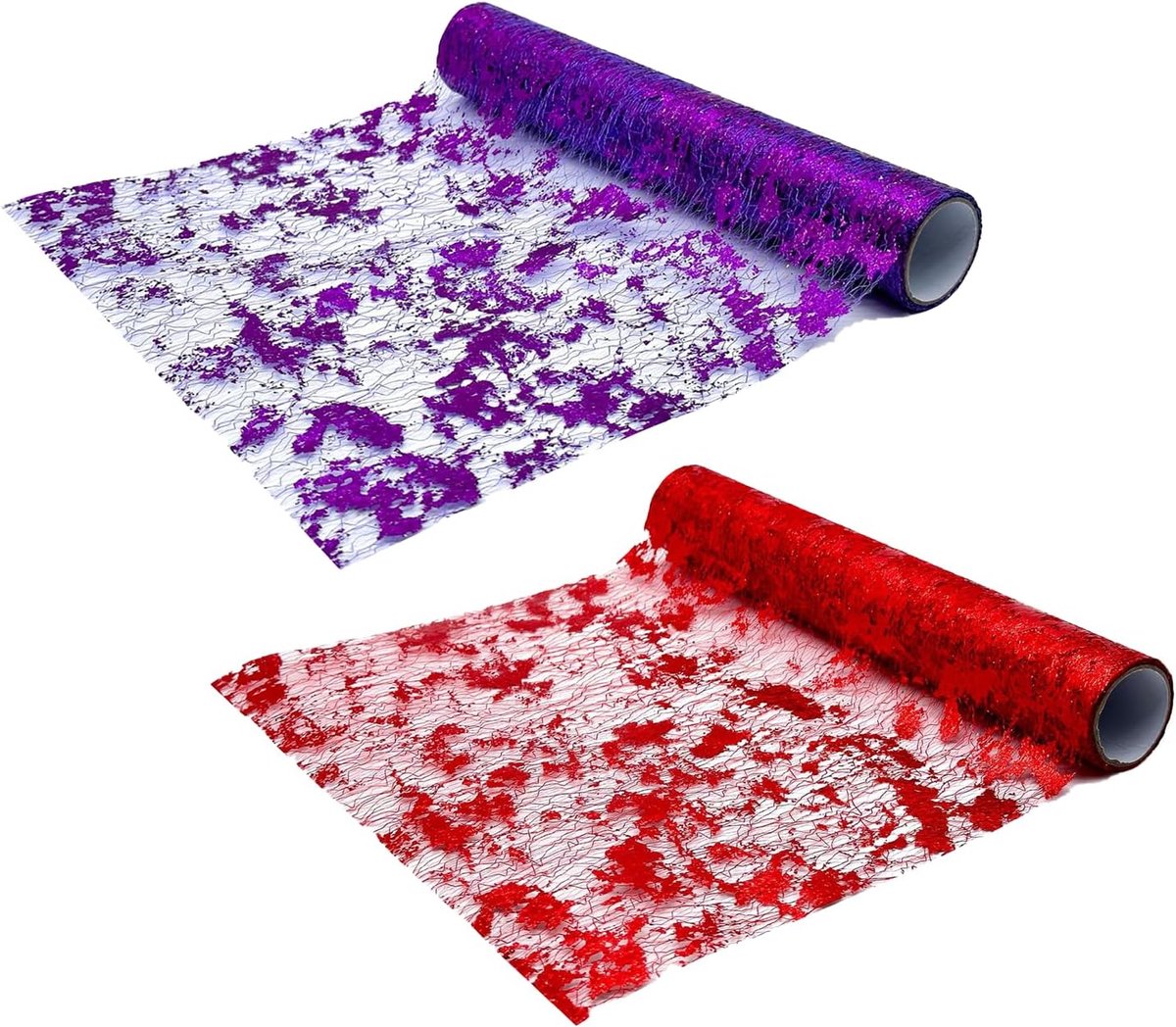 2 stuks rode tule rol, glinsterende tule, violet, tafelloper met pailletten, rol van paarse tule, voor bruiloft, feest, verjaardag, dinerfeest, tafeldecoratie (rood en paars)
