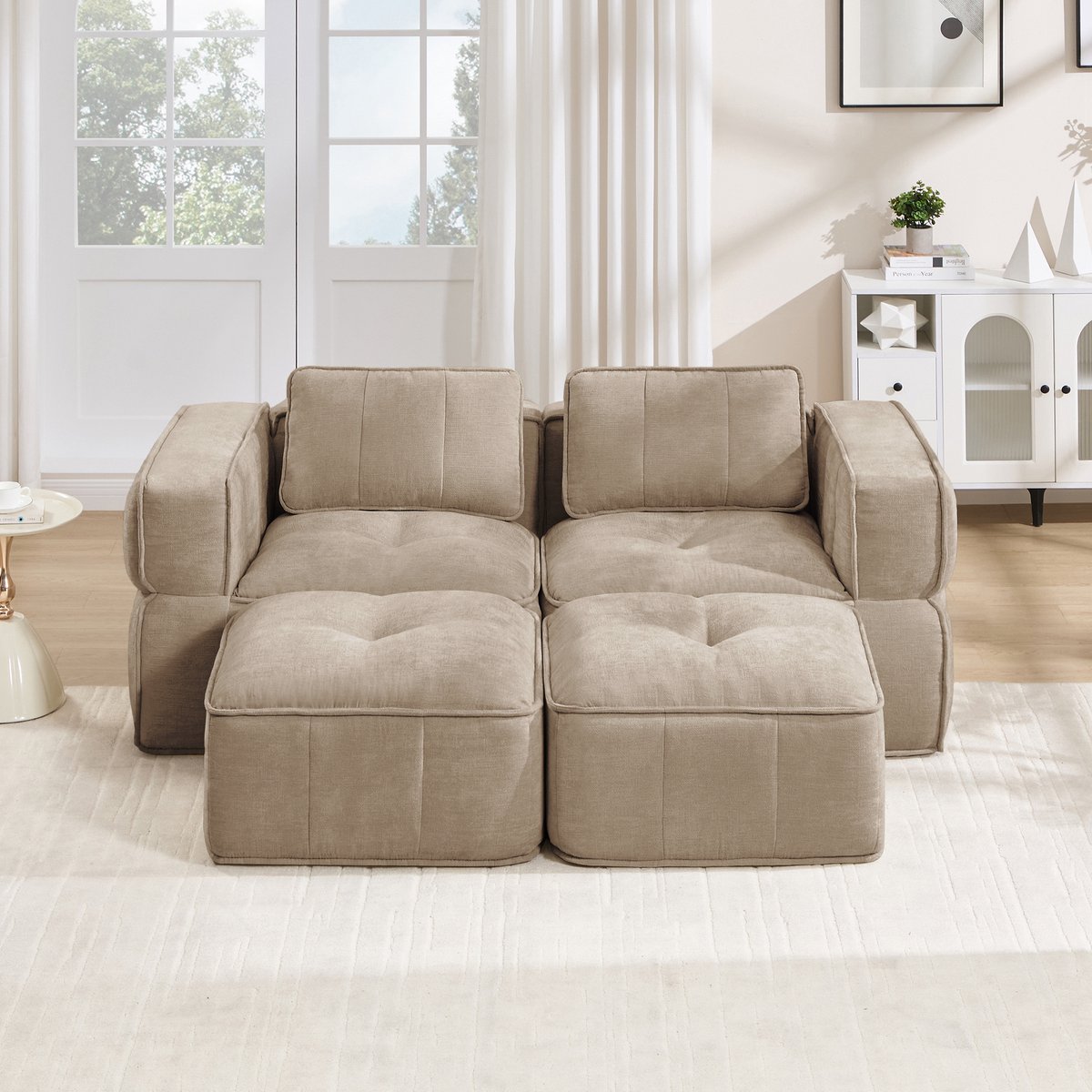 Pugsdrly Modulaire tweezitsbank met twee poefs, zonder steunpoten, 32D-schuim met hoge dichtheid, diepe zitting, zachte en comfortabele stof, ideaal voor de woonkamer en appartementen, zandkleur.