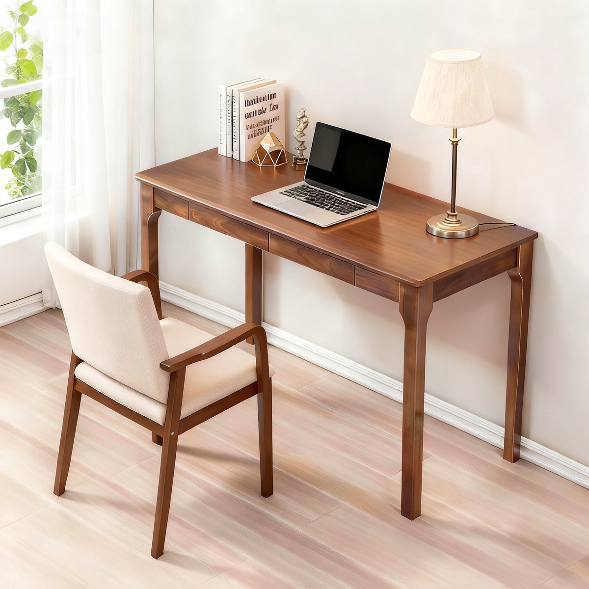 Pugsdrly Massief houten bureau met lades, sta-bureau met afgeronde hoeken, ideaal voor kleine studeerkamers en slaapkamers, in Mid-Century Modern-stijl, walnoot（Zonder stoel）