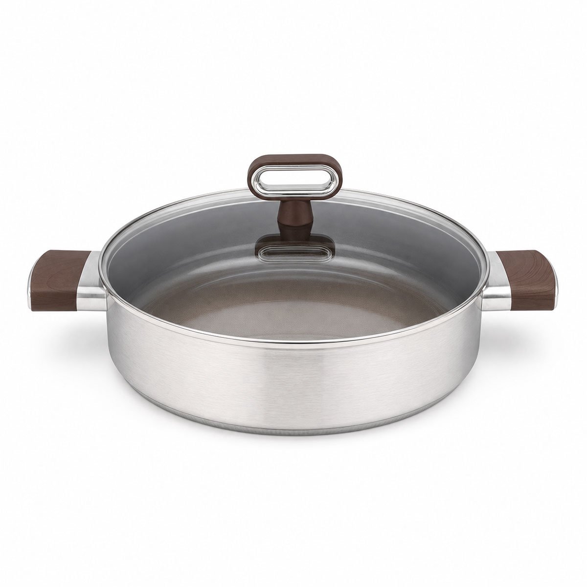 Cheffinger Lage Braadpan met Deksel - 24cm - Honingraat Antikras - Super Reliëf - Stof-Touch Handgreep met Houtlook - RVS - Inductie - PFAS-vrij en PFOA-vrij