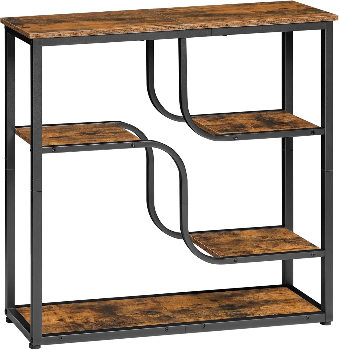 Smalle consoletafel met 5 niveaus, haltafel, salontafel, entreetafel, retro-industriële stijl, voor entree, woonkamer, hal, metalen frame en spaanplaat, vintage bruin en zwart EBF69XG01