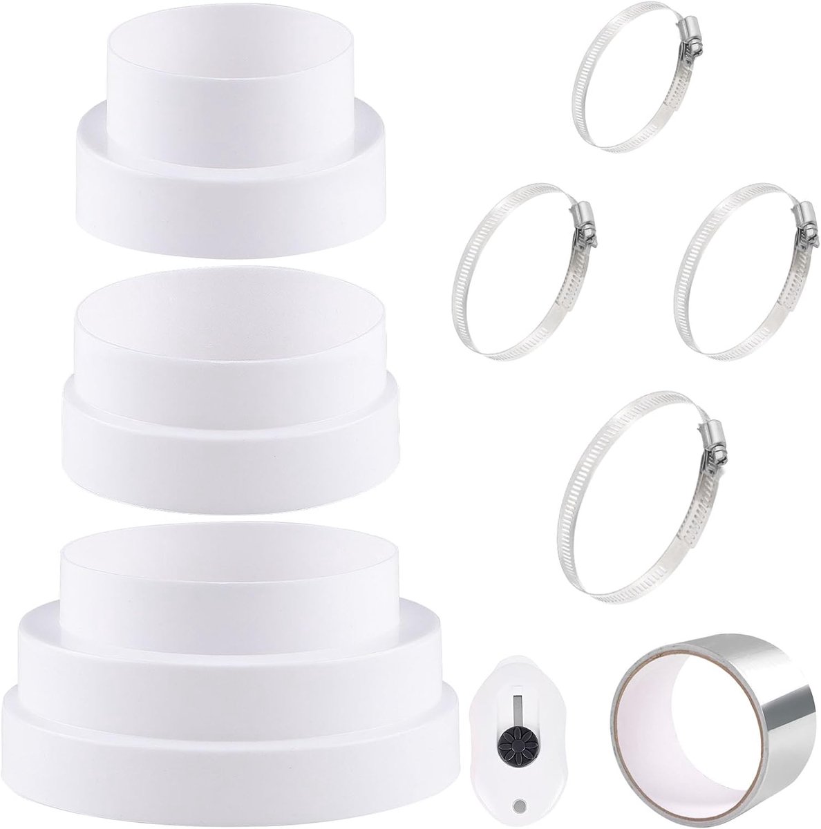 verloopverbinder, Ø 80-150 mm, verloopstuk, Ø 80-100 mm, 100-120 mm, 120-140-150 mm, met roestvrijstalen slangklemmen, aluminiumfolietape, ABS-verloopstuk voor ventilatiesysteem, ventilatie
