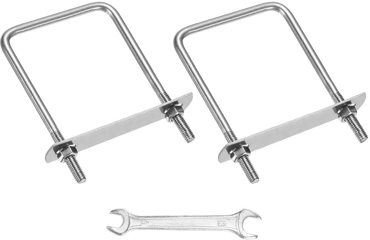 U-boutenset (M8 x 50 x 80 mm, zilver), 2 stuks, vierkante U-bouten, roestvrij staal 304, met frameplaten, sluitringen en sleutel voor ski's