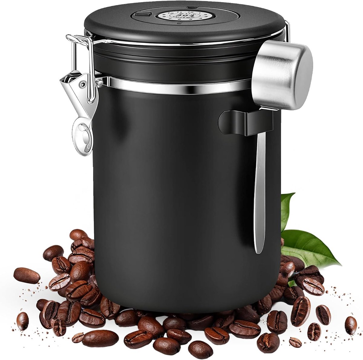 2,8 liter, koffiepot, luchtdichte roestvrijstalen koffiepot, maatbeker en datumstempel, bewaardoos, zwart