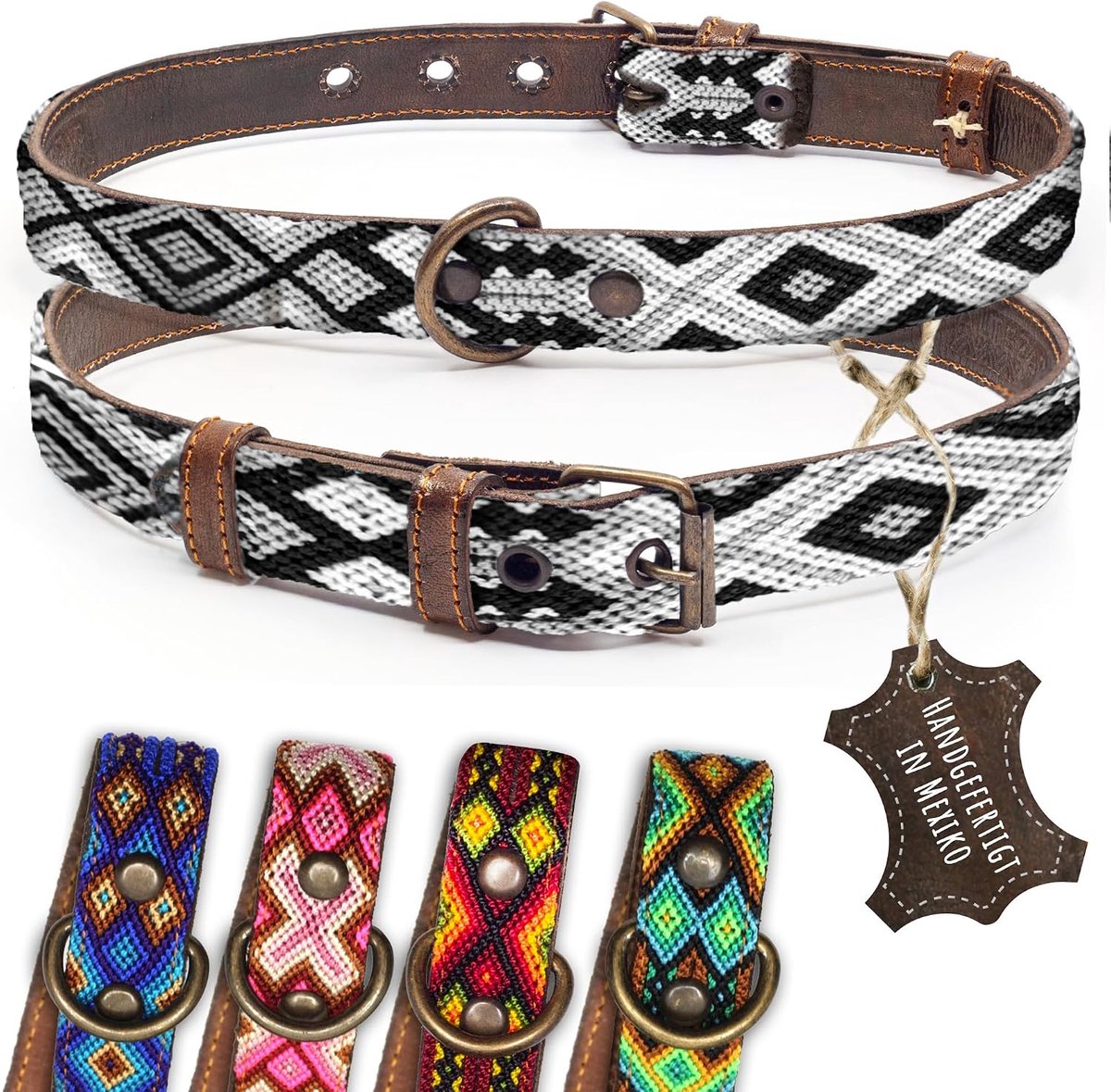 Hondenhalsband van leer - bruin rundleer, doorlopend zwart/wit getribald en kleurrijk bestickt - handgemaakt in Mexico, lederen hondenhalsband - maat L - voor grote honden