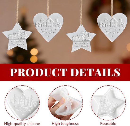 gietvormen Kerstmis, 4 stuks siliconen vormen, kersthanger, dennenboom, ster, gipsvormen om te gieten, gietvorm, hart, hanger, Kerstmis, gietvormen om te gieten — afbeelding 2