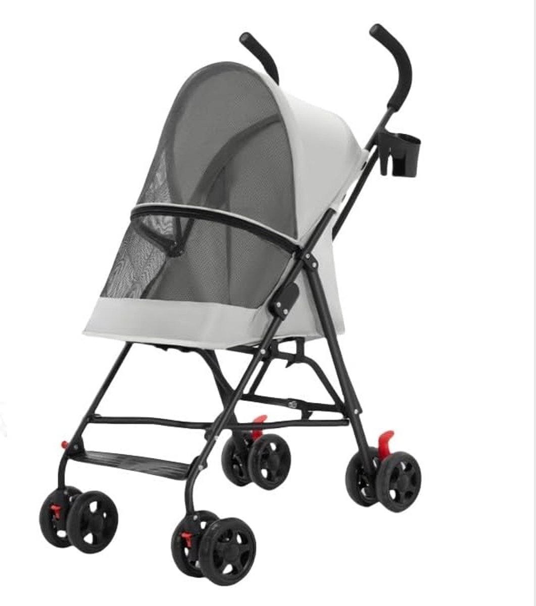 Opvouwbare kinderwagen voor honden en katten, met bekerhouder en regenhoes, trolley voor honden/katten, ramen van mesh, wielen van EVA met rem (grijs)