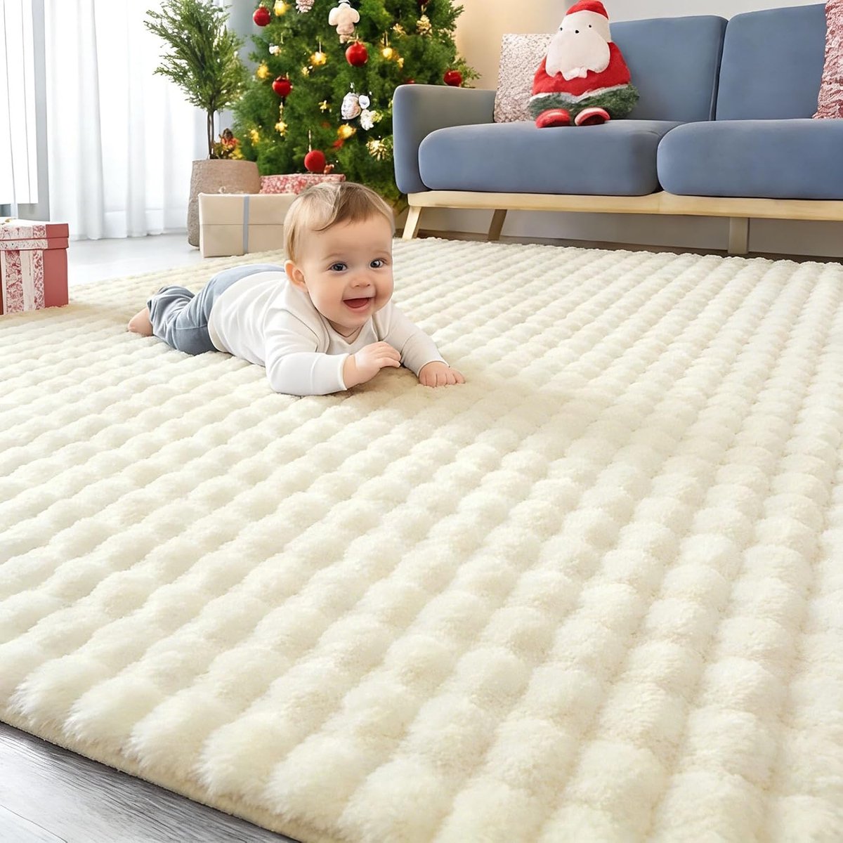 Tapijt, met 3D-bubbelpatroon, zacht, wollig, wasbaar, antislip, loper voor in de hal, woonkamer, kinderkamer, slaapkamer, 80 x 150 cm, crème