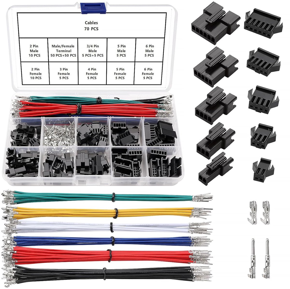 230 Stuks 2.5mm 2/3/4/5/6-Pins JST-SYP Connectorset, JST SYP Vrouwelijke en Mannelijke Stekkerbehuizing Krimpconnectorset, met 22AWG Dubbelvoudige Kop Voorgekrompen Kabeldraad