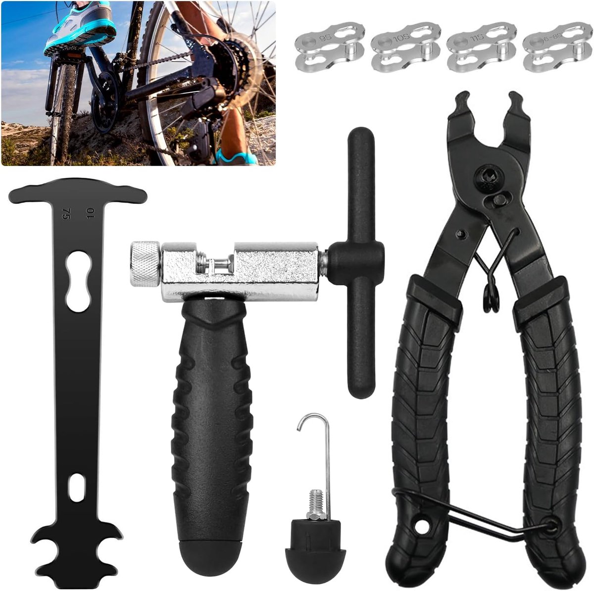 Kettingklinknagels voor fiets, kettingtang en fietskettingen, klinknagels met 4 paar fietskettingen, klinknagels, fietsketting, reparatieset voor 6-12 versnellingen fietsketting, gereedschap voor