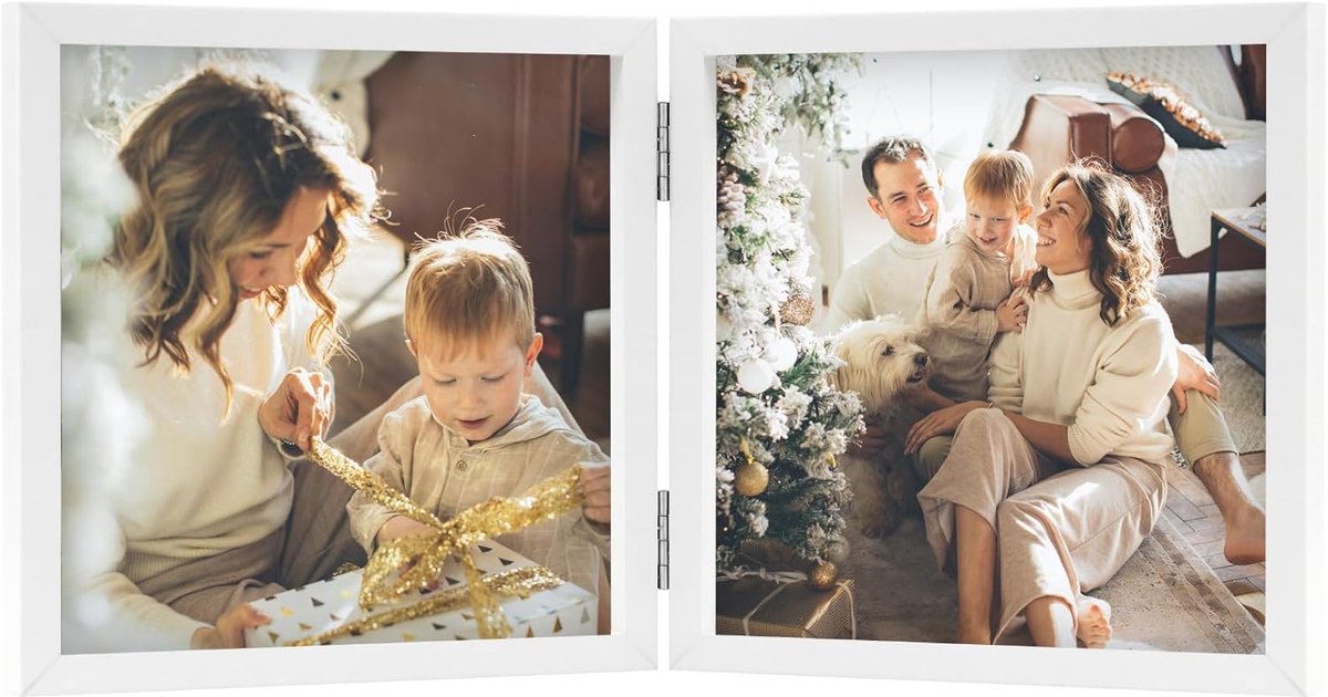 Fotolijst 5x5 Scharnierende Opvouwbare Houten Fotolijst met Glas Front Stand Verticaal op Desktop Hout Wit