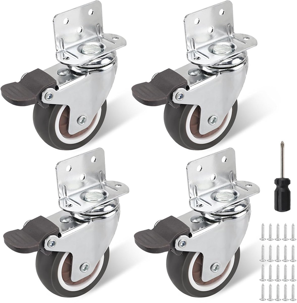 Set van 4 meubelwielen 30 mm - met rem - draagvermogen 90 kg - 360° draaibare wielen - meubelwielen - inclusief schroeven en schroevendraaier