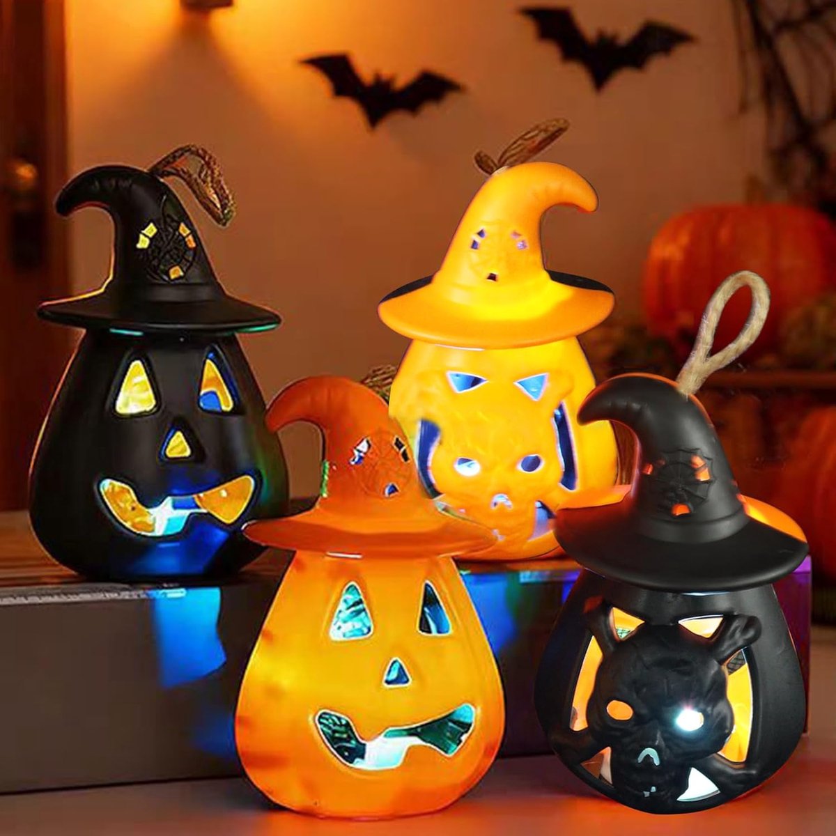4 stuks Halloween LED-pompoenlantaarn, draagbare pompoen-led-lantaarn, mini Halloween-decoratielicht, vlamloze Halloween-decoratie, pompoenverlichting voor binnen en buiten