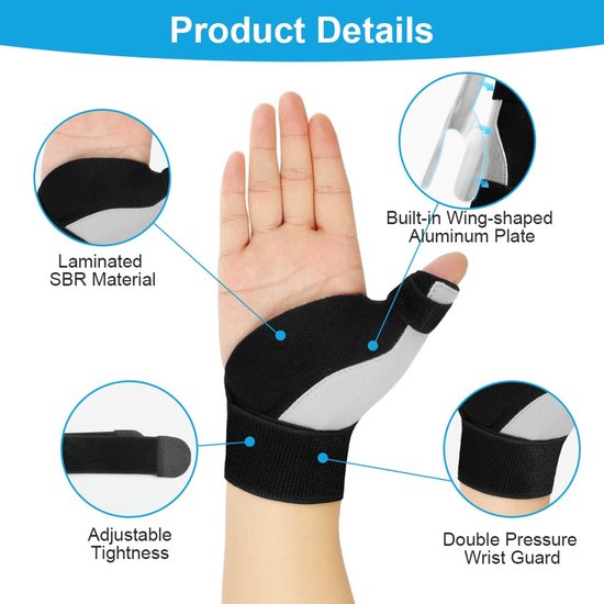 duimbrace voor beide handen, carpaal tunnelbandage, polsbandage, duimsteun en spalk voor spica, behandeling van rizoartrose, Quervain-synovitis, artritis — afbeelding 3